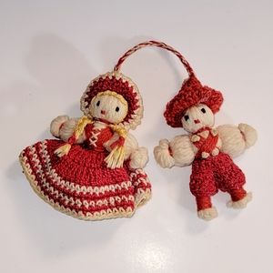 Vintage Handmade Folkart Yarn Girl and Boy Dolls, Connected.